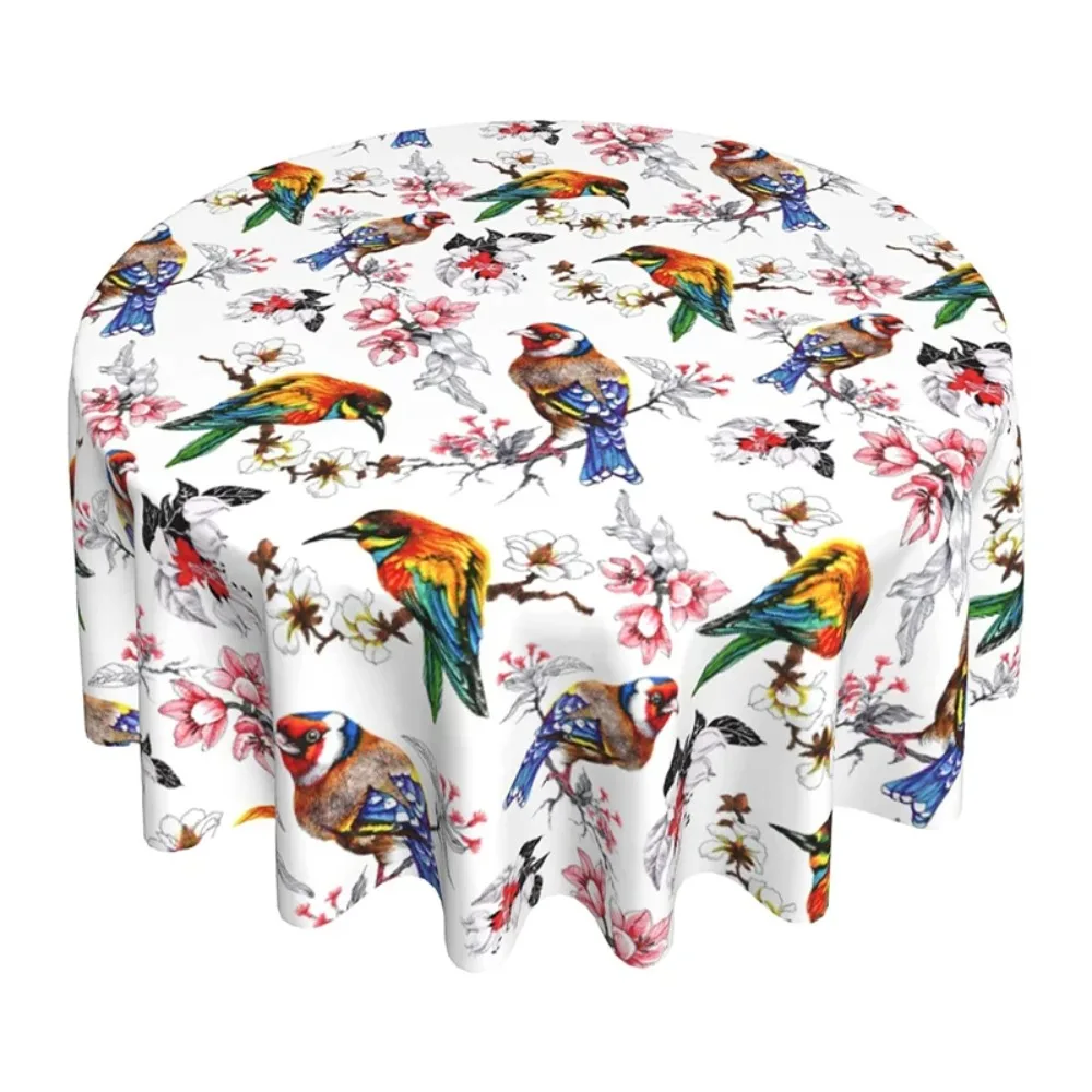 Birds Round Table Cloth Polyester Watercolor Floral Tablecloth Waterproof Wrinkle Free and Stain Resistant Table Cover 60 Inch
