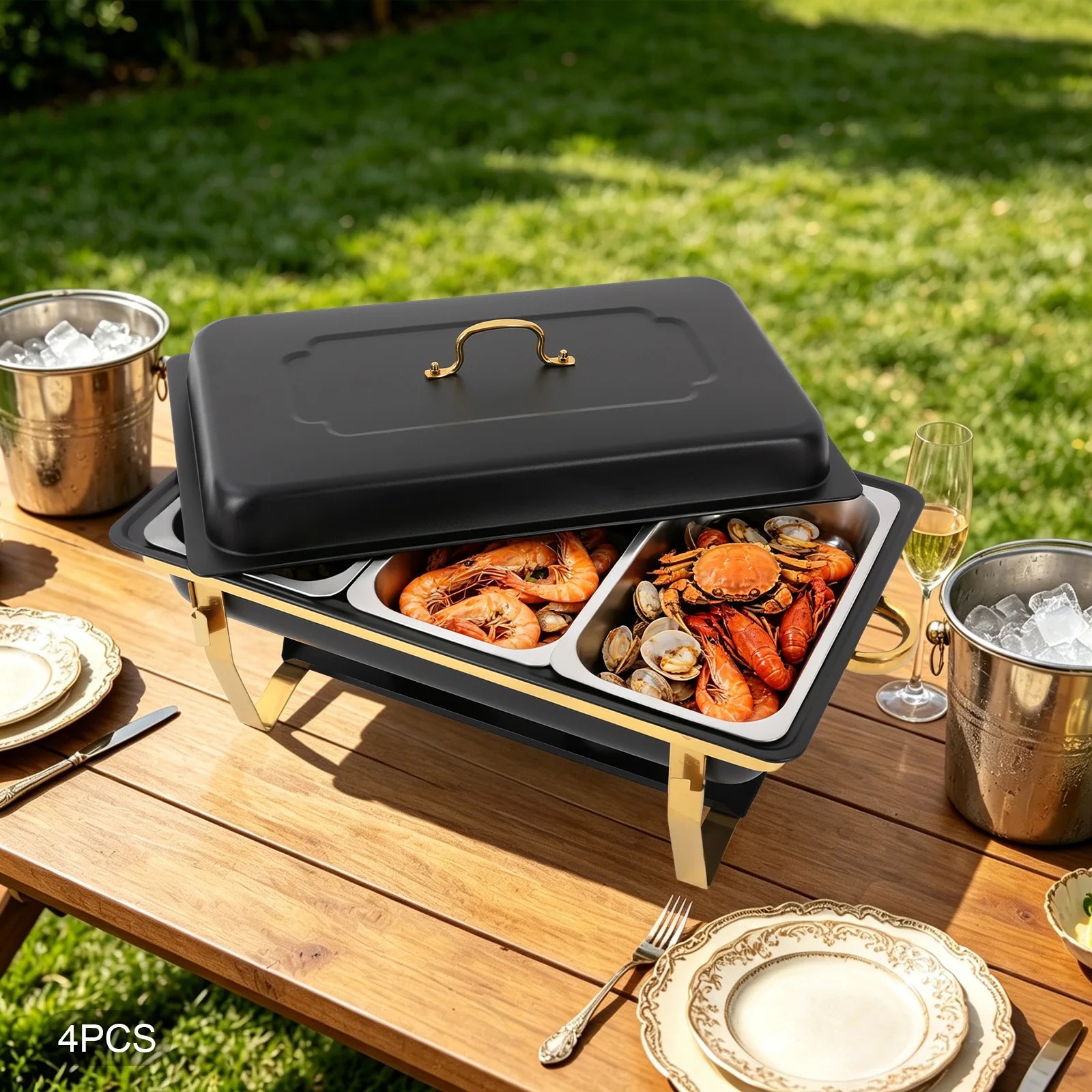 Chafing Dish Set, Stainless Steel Chafing Dish, 4‑Pack 9QT Rectangular Chafing Dish Set, Chafing Dish Buffet Set, for Banquet and Party
