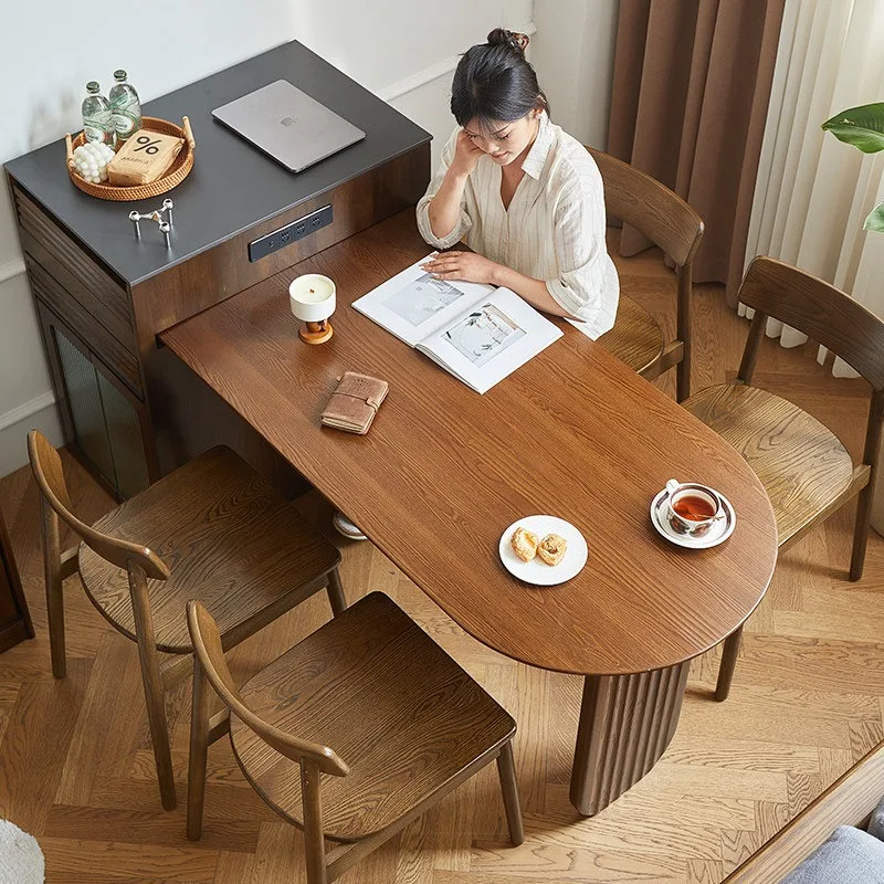 Solid wood island dining table telescopic integrated rock slab dining side cabinet modern multi-functional ash wood workbench