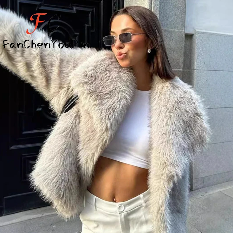 Otoño Invierno chaquetas de mujer moda Casual temperamento Color sólido elegante abrigos cálidos Vintage piel sintética gruesa trajes de calle