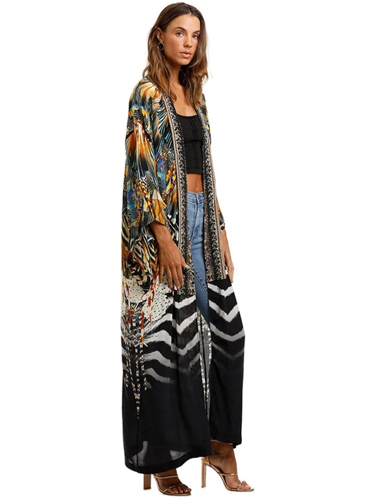 Beach Kimono Loose Print Beach Cover Up Pareo  2024 Women Summer Beachwear Swimsuit Cover Up Tunic For Beach