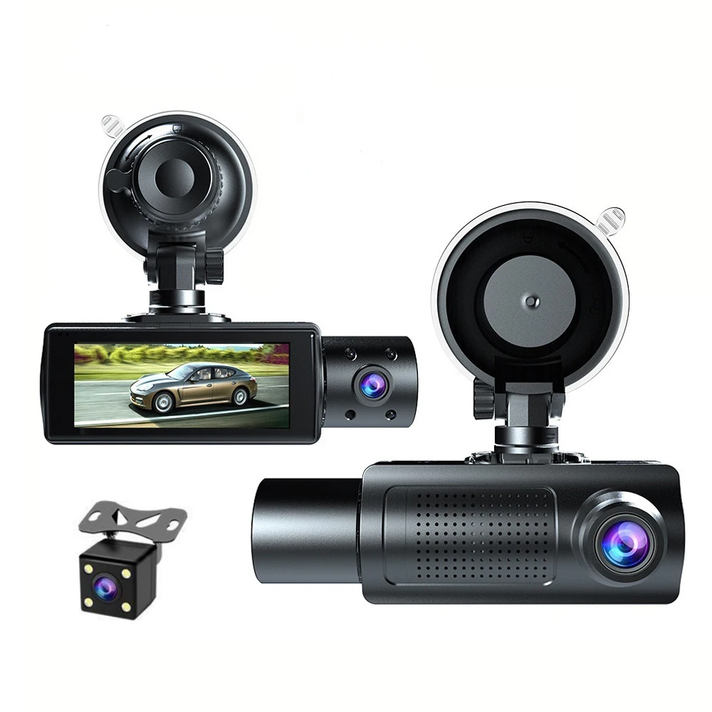 

3 Cameras Dash Cam for Cars, Front HD 1080P Inside and Rear camera , Night Vision IR Cabin Light with 3.16 inch Car DVR