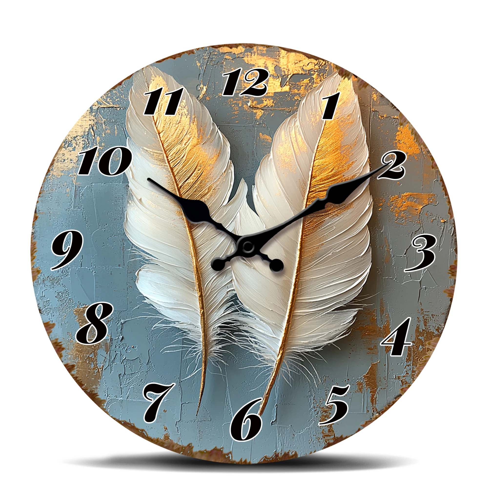 Golden Feathers on Textured Background Round Wall Clock - Bohemian Decor for Living Room, Bedroom, or Art Studio - Quiet