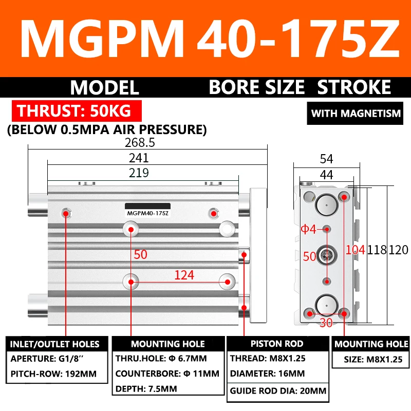 

ABILKEEN MGPM Series Pneumatic Compact Guide Cylinder MGPM40-175Z 40MM Bore X 175MM Stroke Three Axis Three Rod Air Cylinder