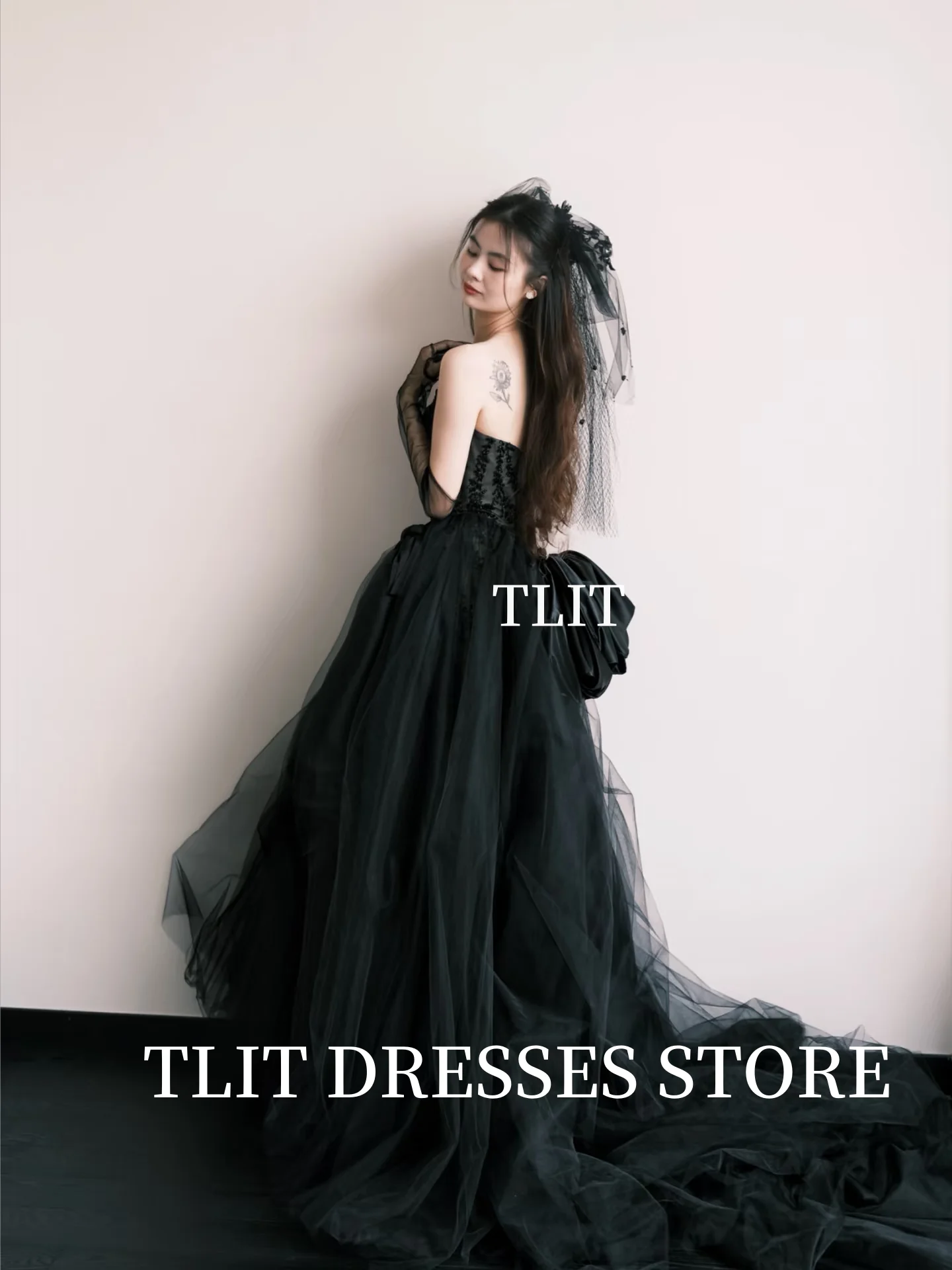 Tlit simples preto tule vestidos de noite personalizado coreia vestido de casamento sessão de fotos querida preto tule luvas alta divisão vestido