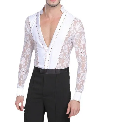 Imagen 2 del producto Ropa de encaje de baile latino para hombre, ropa de baile de salón, vals, actuación, camisas de hombre latino, Tops de ropa
