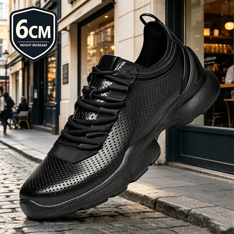 Men Genuine Leather Elevator Sneakers 6Cm Hidden Height Increasing Shoes Hollow Out Breathable Summer All Season Casual Sports