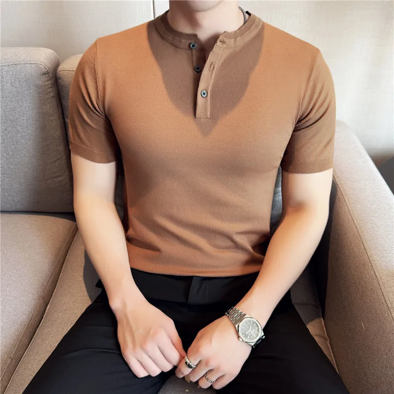 

Men Short Sleeved T-shirt High Elasticity Summer Light and Thin Solid Color Casual Henry Collar Top T-shirt fashion Men Clothing