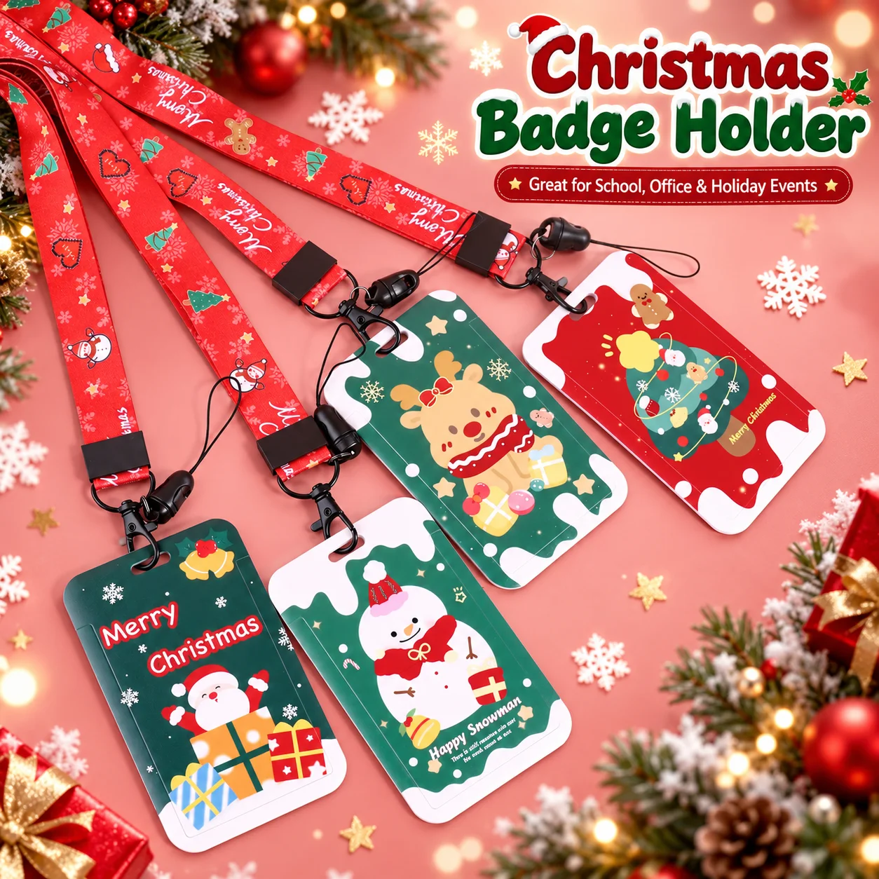 Christmas Badge Holder with Lanyard, Festive ID Card Holder for Office School Holiday Party Gifts