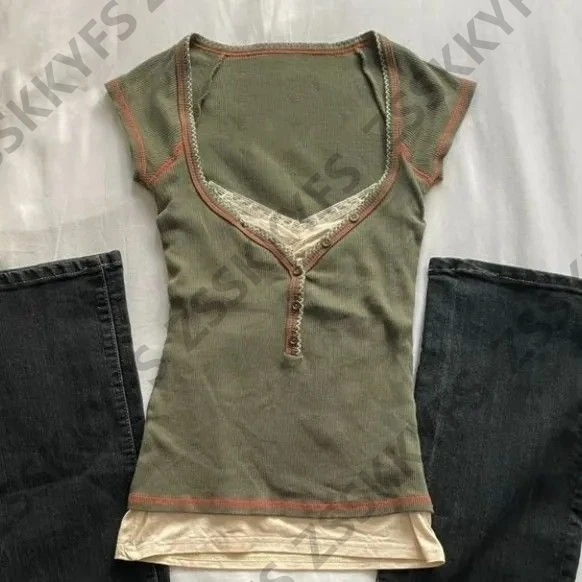 Y2k Clothes T-shirt Harajuku Korea Y2k 90s Goth Punk Vintage Crop Top Summer Fake 2Pieces Slim Lace Hot Girl Tee Emo Grunge Chic image 2
