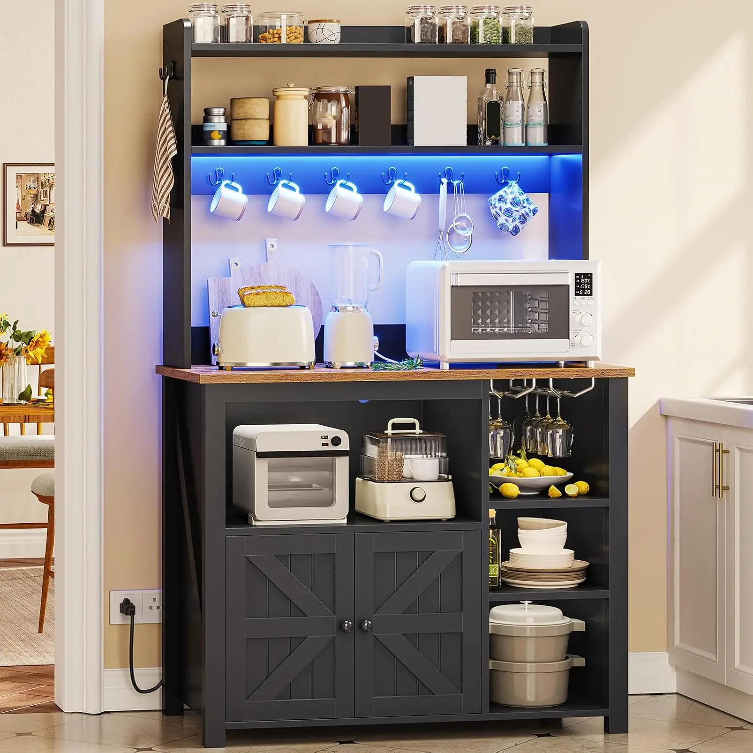 35.4 inch Coffee Bar Cabinet, Bakers Rack with Power Outlet and Storage, Farmhouse Microwave Stand Kitchen Cabinet, Customized