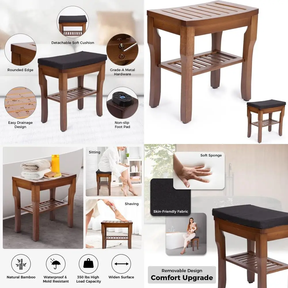 

Легкая бамбуковая скамейка для душа с подушкой, полка для хранения, нескользящая, складная, поддерживает 350 фунтов, идеально подходит для ванной комнаты, спа, Sa