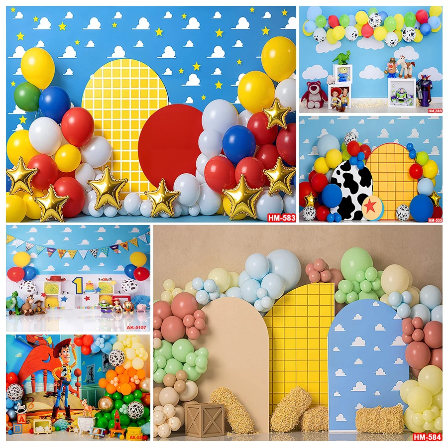 Фон «История игрушек» на заказ, голубое небо, белые облака, Базз Лайтер, домашняя сцена, детский день рождения, вечеринка, декор для детского душа