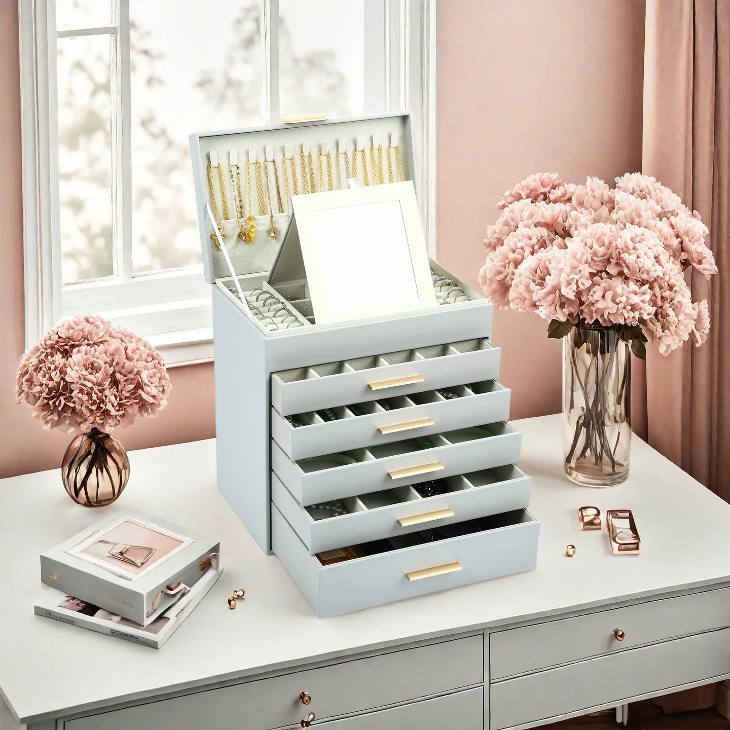 

Elegant Jewelry Box Leather Organizer Display Stand Storage Holder For Rings Bracelets Necklaces Showcase For Case Gift
