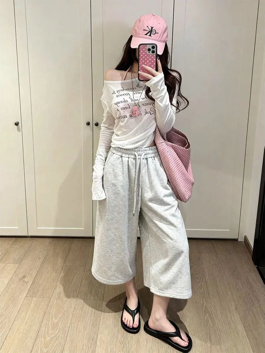 High Waist Wide Leg Short Pants for Students Unisex Summer Trendy Loose Fit Couple's Mid-Length Pants Casual Polyester Fiber