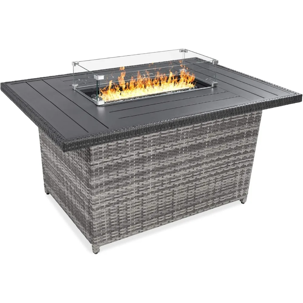 52 in 50,000 BTU Outdoor Wicker Patio Propane Gas Fire Pit Table w/Aluminum Tabletop, Glass Wind Guard, Clear Glass Rocks