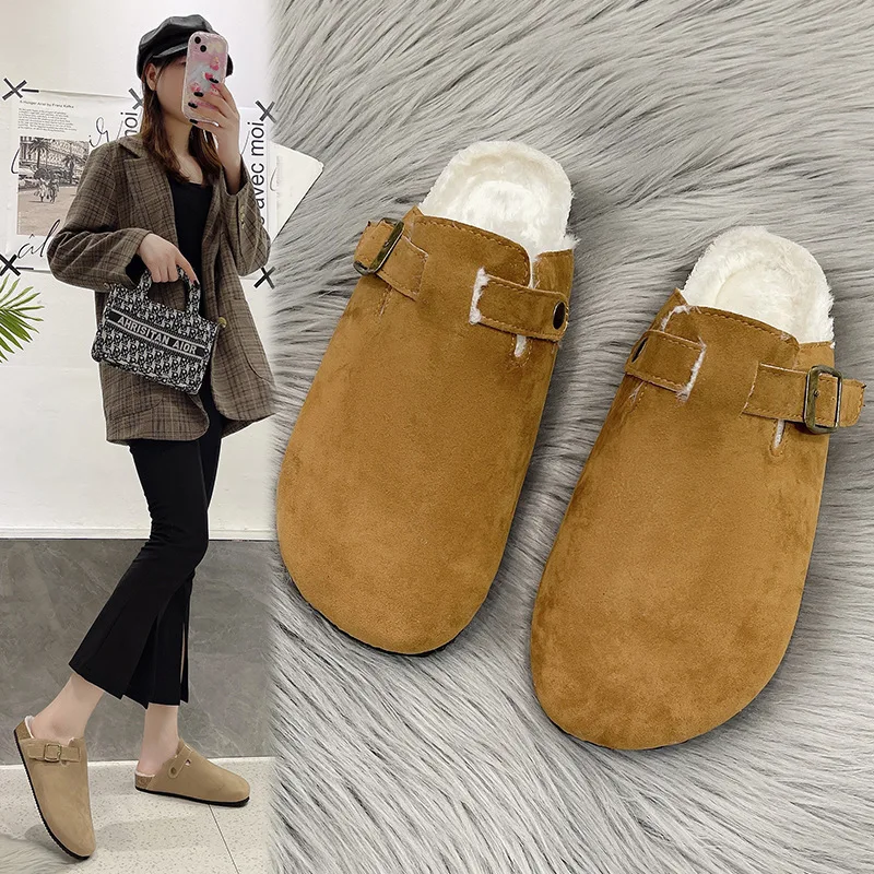 Shevalues Plüschgefütterte Hausschuhe für Damen und Herren, rutschfeste offene Pantoletten, flauschige, bequeme Outdoor-Unisex-Mules mit verstellbarer Schnalle – Detail 6