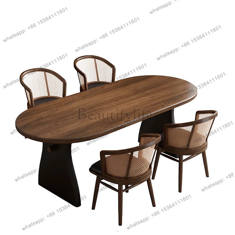 

French retro black walnut solid wood semi-round against the wall dining table creative antique island dining table integrated