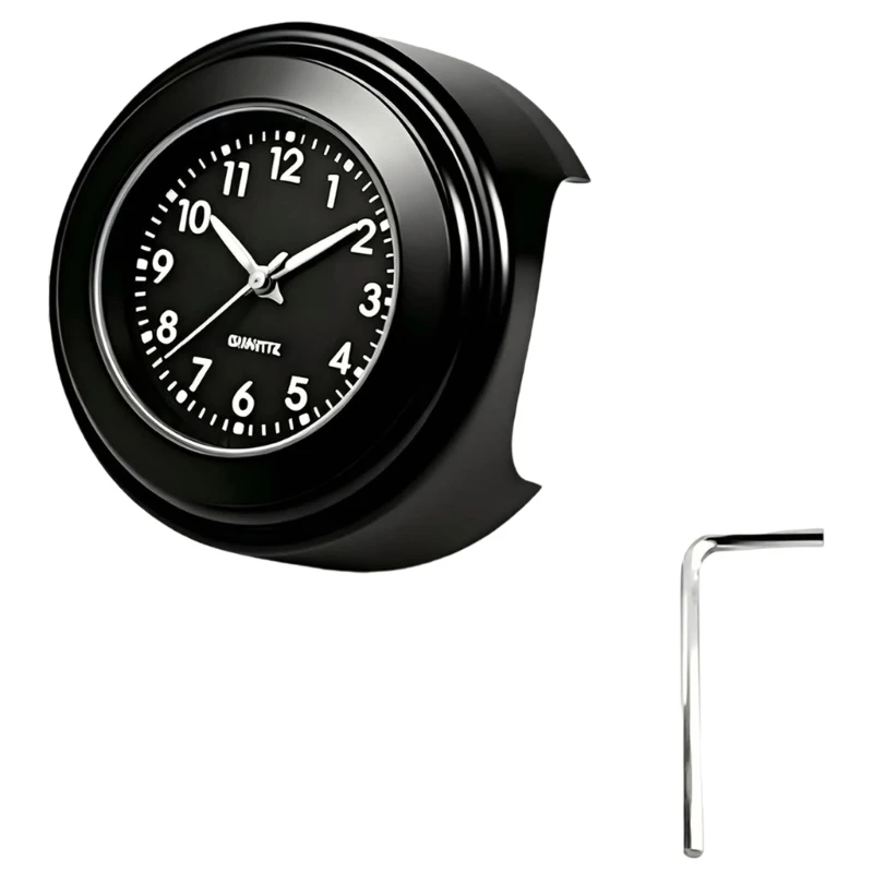 R9CC Round Handlebar Clock for Bikes and Motorcycles, Black Metal Analog Timepiece with Screw Tight Bar Bracket for 7/8 to 1