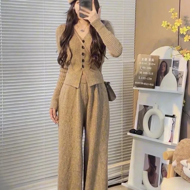 Lazy Style V-neck Long Sleeved Sweater with Wide Leg Pants Two-piece Temperament Set