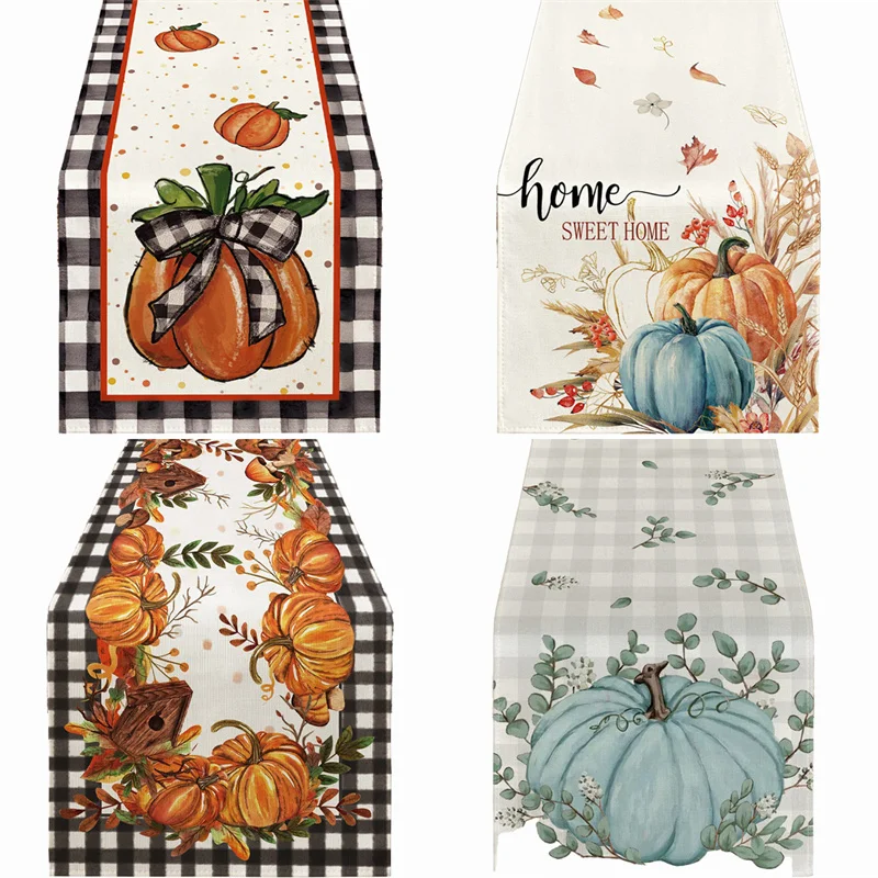 Fall Thanksgiving Pumpkin Maple Leaf Linen Table Runners Kitchen Table Decor Farmhouse Table Runner for Dining Table Party Decor