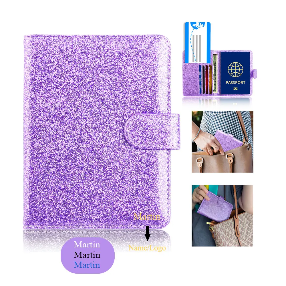 Funda de cuero de lujo para mujer, Protector de cartera con soporte para pasaporte Rfid, personalizado, brillante, a la moda