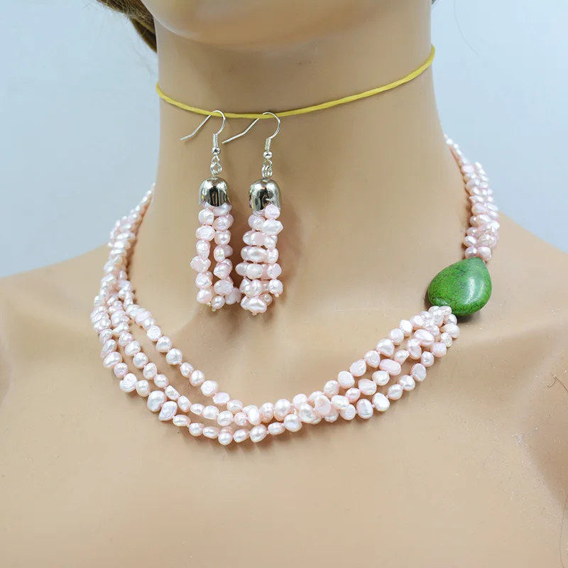 3 strands 4mm pink natural Baroque cultured pearls. Classic Women's Wedding Jewelry Necklace Earring Set 19”