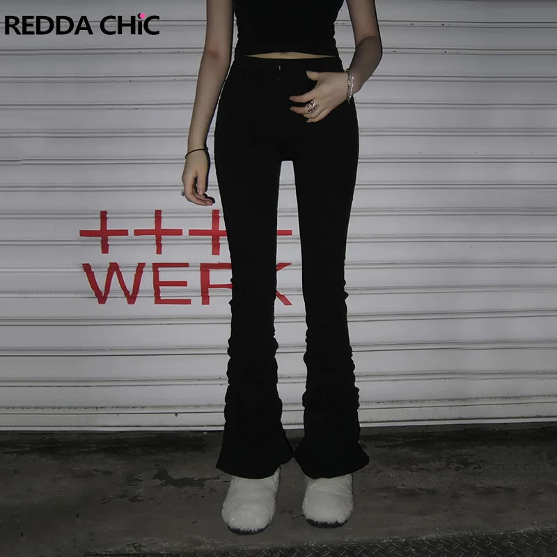 

REDDACHiC Grunge Black Shirring Jeans for Women Bell Bottoms High Waist Slim Fit Stretch Denim Bootcut Pants Retro Streetwear