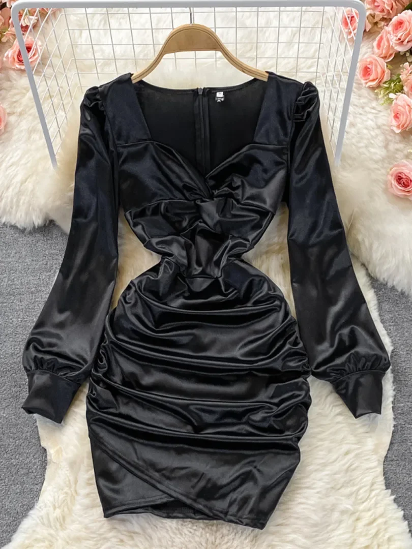 Autumn New Celebrity Sexy Square Neck Satin Dresses Long Sleeve Women White Hip Wrap Slim Pleated Mini Short Dress 2024