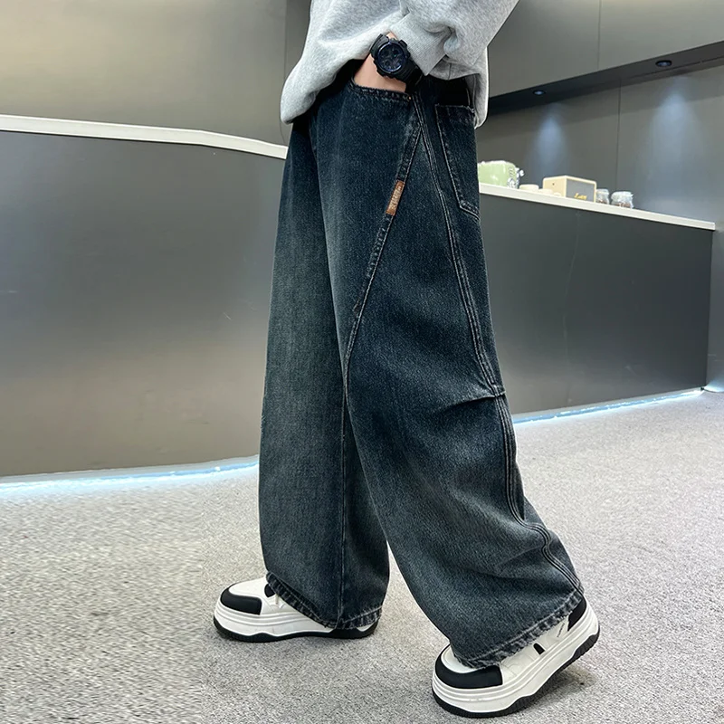 ربيع الخريف الاطفال جديد مصمم فضفاض مستقيم الجينز للمراهقين بنين جودة عالية الأزرق الدنيم السراويل الأطفال جينز غير رسمي بنطلون