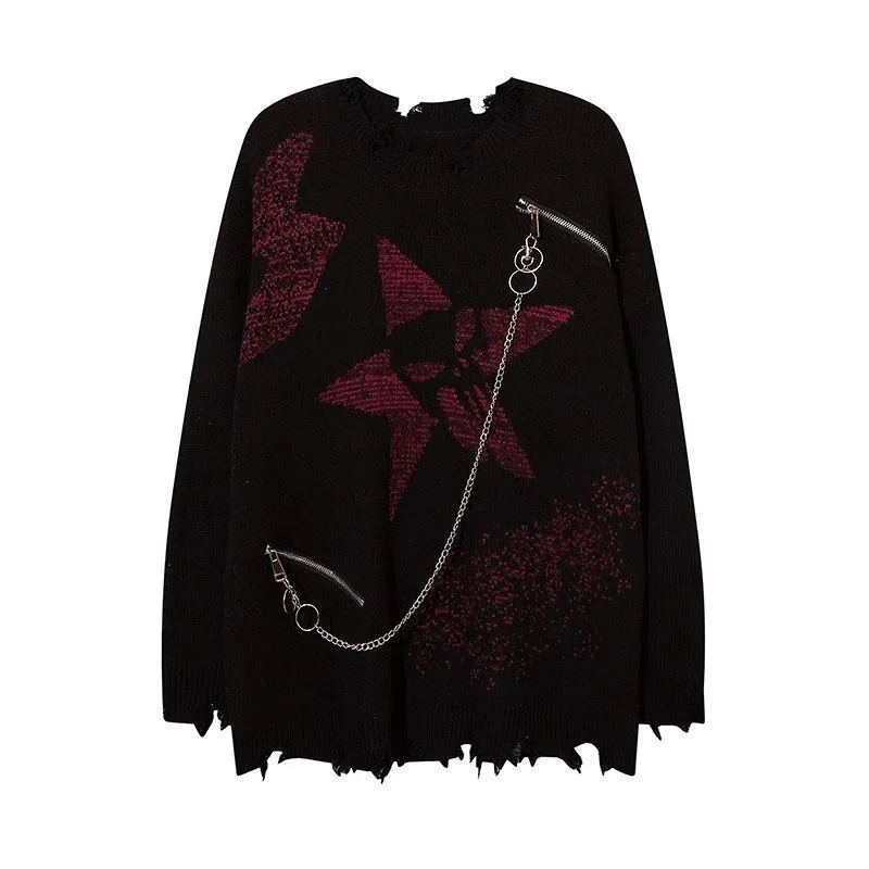 

Dark Design Necklace Sweater Men's Lazy Style Loose Ripped Round Neck Knitted Long-sleeved Top