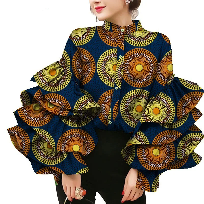Camisa de vestir africana con cuello levantado, blusas de manga acampanada para mujer, Top de algodón con estampado de cera, ropa de talla grande para mujer, fiesta y boda
