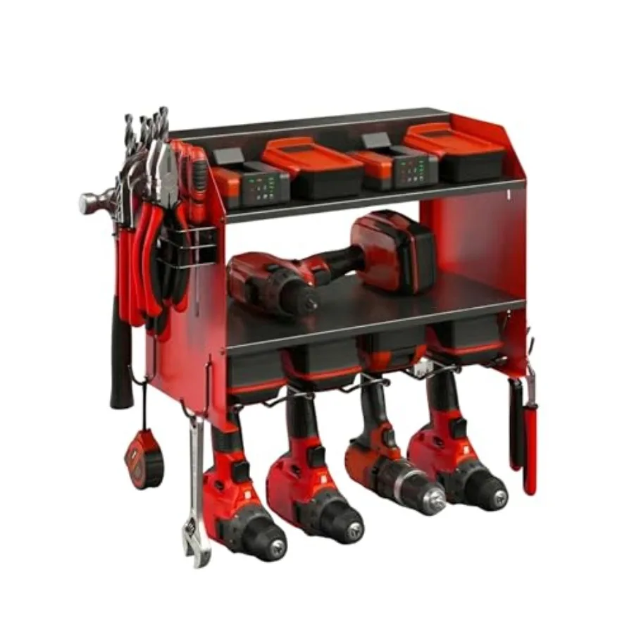 

Настенный органайзер для инструментов повышенной прочности с 4 держателями для дрелей, боковые полки для перфорированной панели, стеллаж для гаражного хранения для домашних мастеров, металлическая полка для электроинструментов