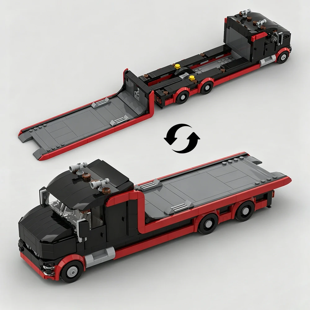567-teiliger MOC Fahrzeugtransporter LKW Modellbausatz DIY Modulares Rennwagen-Set Kinderspielzeug Jungen Urlaubsgeschenk