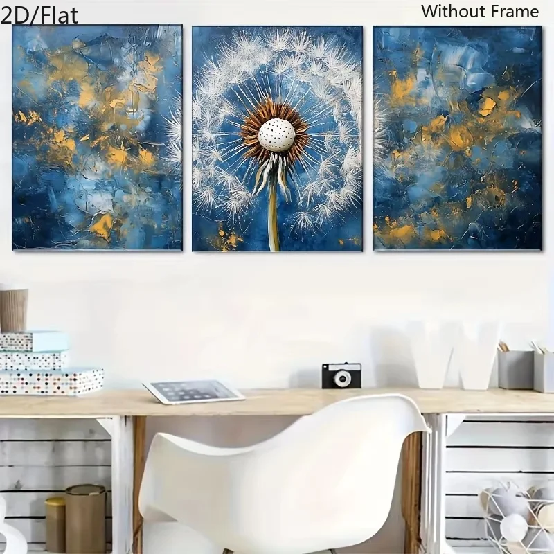2D Flat, Set of 3 Modern Abstract Vertical Blue & Golden Dandelion Wall Art Prints - Vertical Canvas Paintings Suitable for L