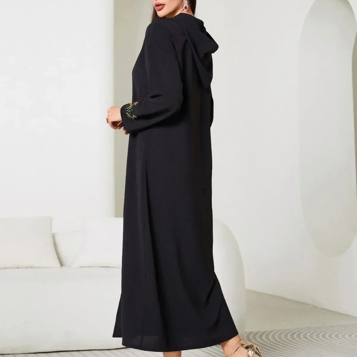 Black V-neck Split Dress Turkish Malaysia Muslim Dresses Fashion Hooded Abayas for Women Dubai Islamic Elegant Kaftan Vestidos