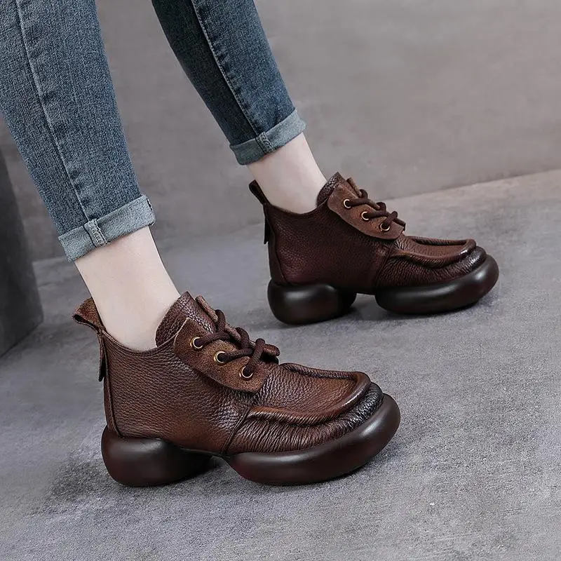 

Genuine Leather Boots Women's High Top Thick Bottom Lace-Up Casual Short Boots Fashionable round Toe PU Outsole
