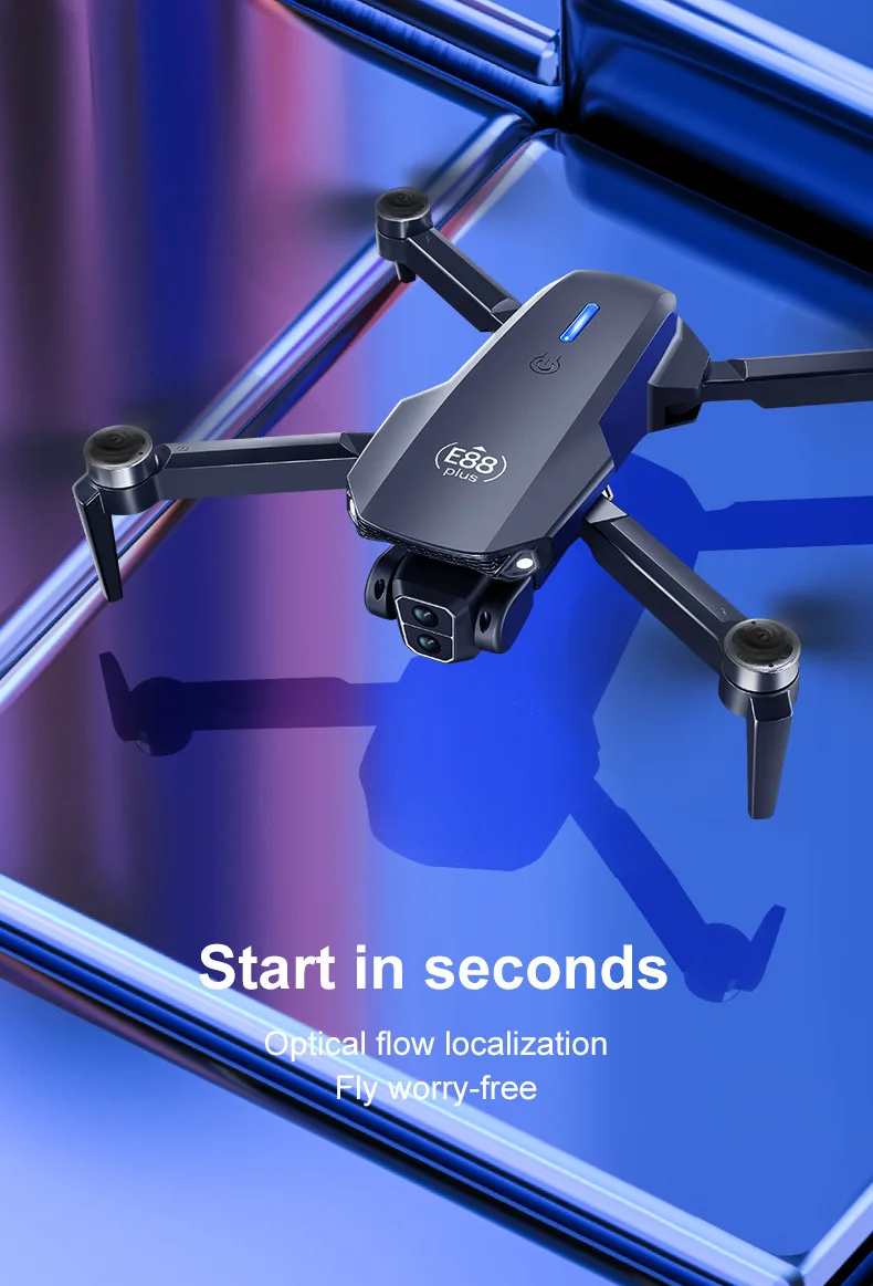 E88 Plus RC Quadcopter Drone with 90° Adjustable Camera - Brushless Motors, Optical Flow, Ideal RC Toy