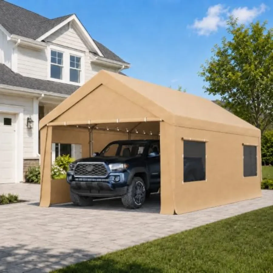 Heavy Duty Carport Canopy with Removable Sidewalls for Outdoor Vehicle Shelter, Steel Frame, Gray, Weather-Resistant Easy Assem