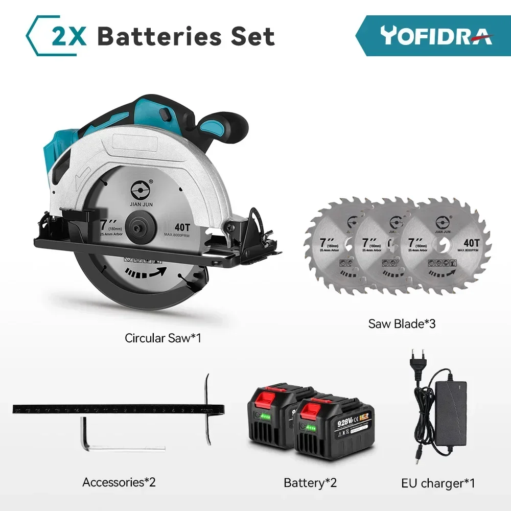 YOFIDRA 7Inch Borstelloze Elektrische Cirkelzaag 180mmSnoerloos Verstelbare Hoek Snijden Power Tool Fit Voor Makita 18V Batterij pin