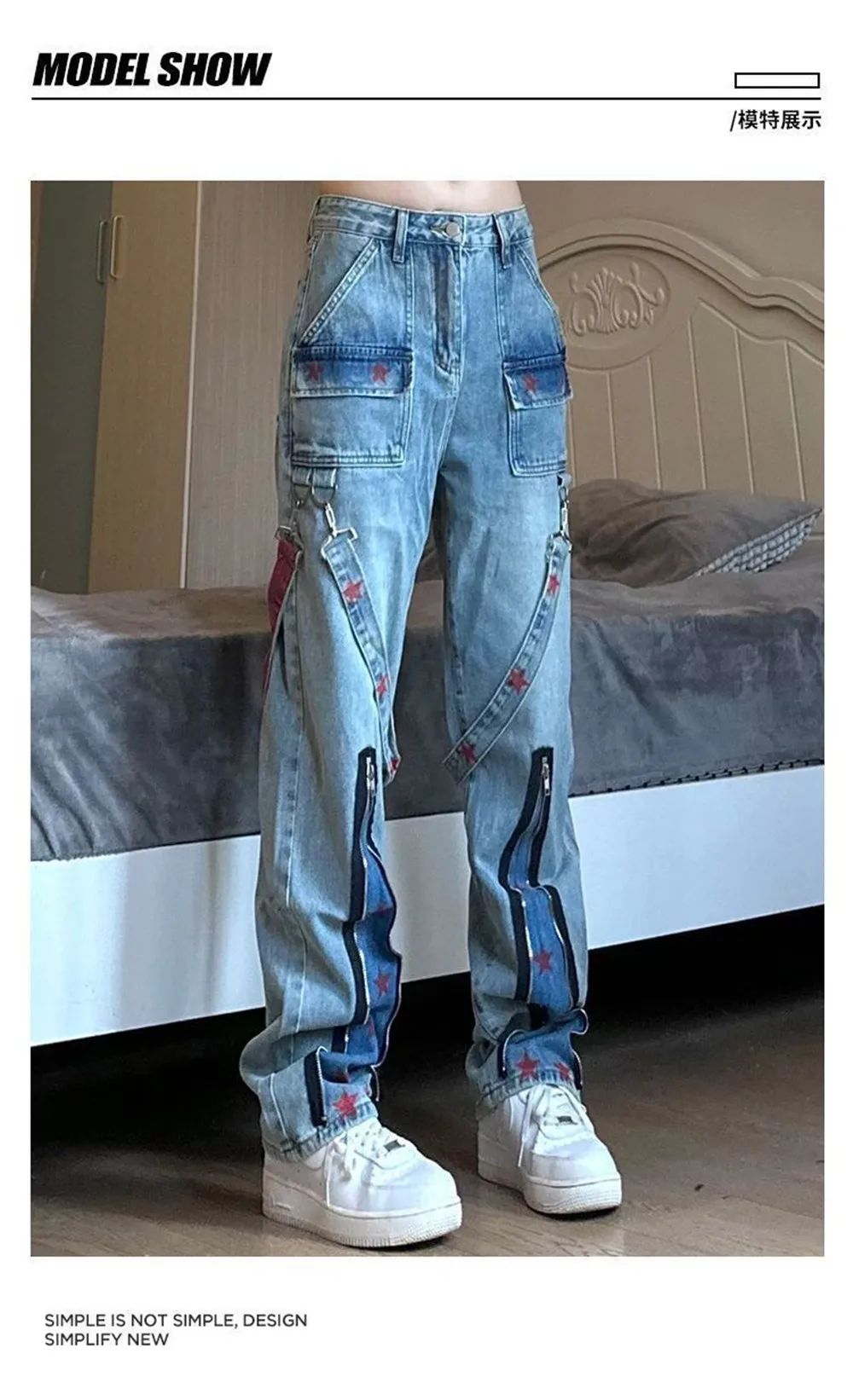 Hoge Taille Werkkleding Jeans, High Street Star Print Dames Patchwork Losse En Afslankende Wijde Pijpen Broek