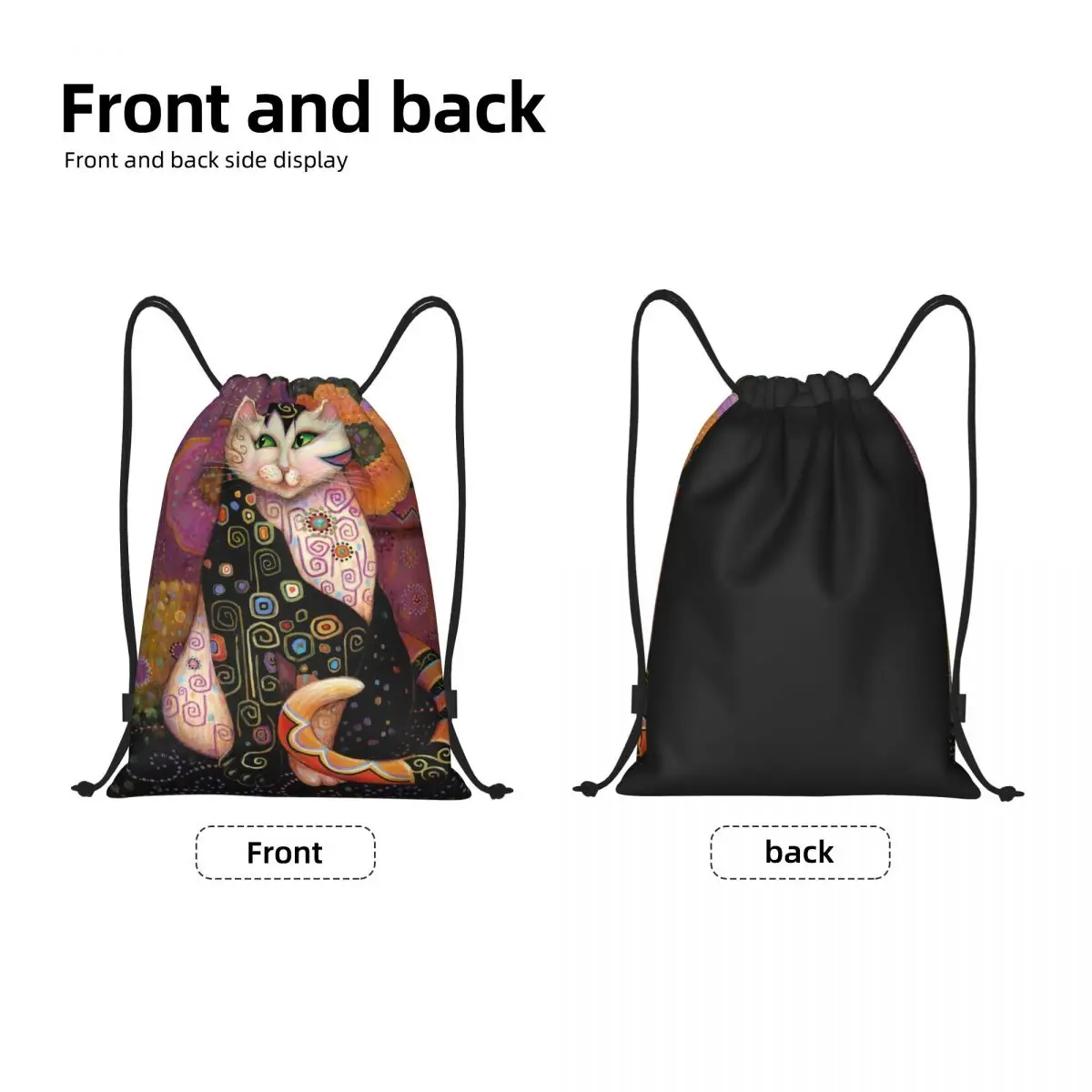 Custom Gustav Klimt Cat Painting Drawstring Backpack Bags Women Men Lightweight Vintage Gym Sports Sackpack Sacks for Traveling