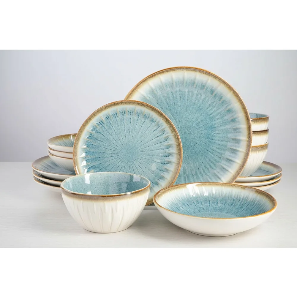 

16-Piece Embossed Double Bowl Dinnerware Set for 4, Blue Stoneware Plates & Bowls, Dishwasher Safe