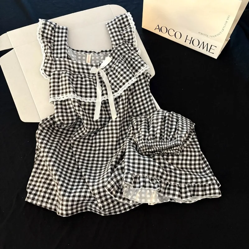 Summer Women Sweet Comfortable Lace Pajama 2pcs/set Lady Causal Sleeveless Sling Loungewear Girls Grid Bow Fashion Home Clothes