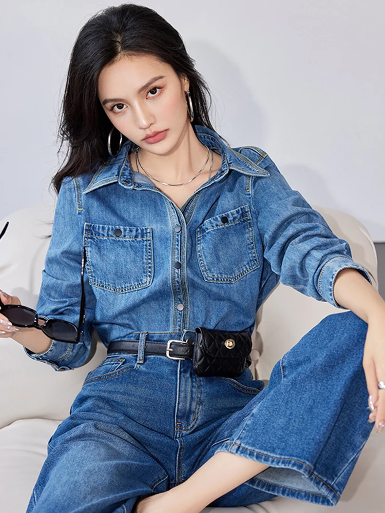 Denim Shirts for Women 2024 Autumn New Buttons Long-Sleeved Shirt Korean Style Loose Turn-down Collar Blouse