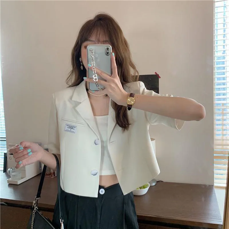 Short Sleeve Blazer Jacket Ladies Summer 2024 New Thin Notched Collar Suit Coat Women Casual Wild Black White Short Outwear Tops