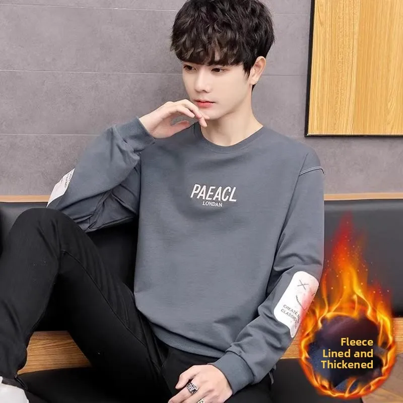 เสื้อฮู้ดผู้ชาย Thiened Fce รุ่นอุ่นสบายสำหรับฤดูใบไม้ร่วงและฤดูหนาว ทรงกลม ใส่แบบสวมศีรษะ ทนทานต่อการใช้งาน ดีไซน์เรียบง่าย สไตล์ลำลองสำหรับวัยรุ่น ทรงหลวม ไซส์ L...