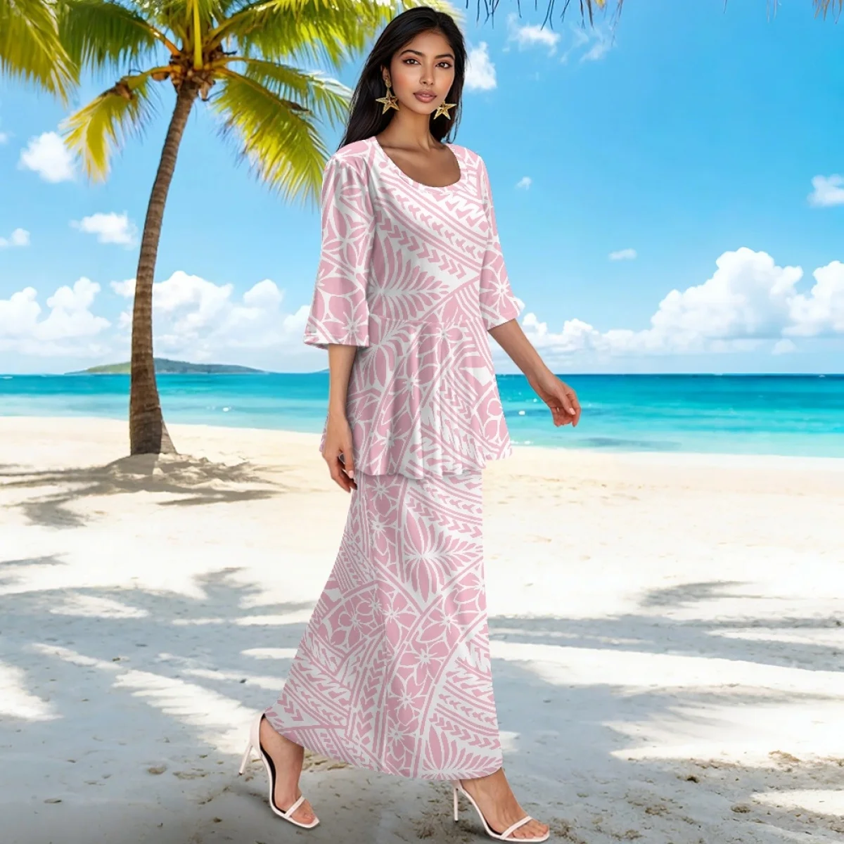 Summer Pacific Islander Puletasi Samoa Ruffled Dresses Polynesian Tribal Elegant Clothing Lady Half Sleeve Women Two Piece Set