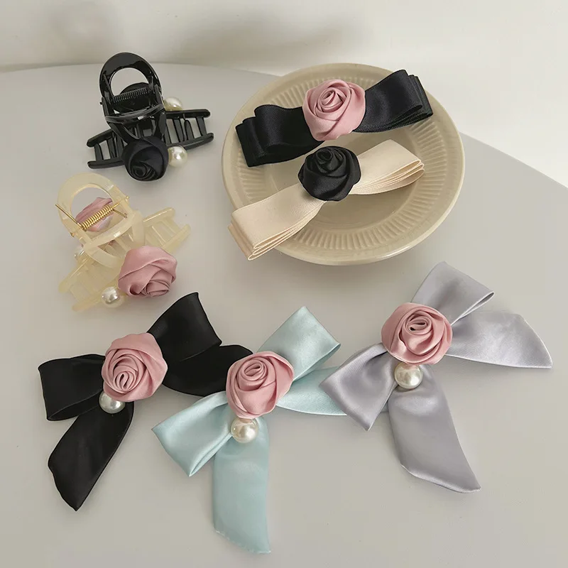 2023 Newest High Quality Ribbon Rose Wedding Hair Accessories Elegant Women Bridals Satin Flower Ponytail Hair Clips Barrettes