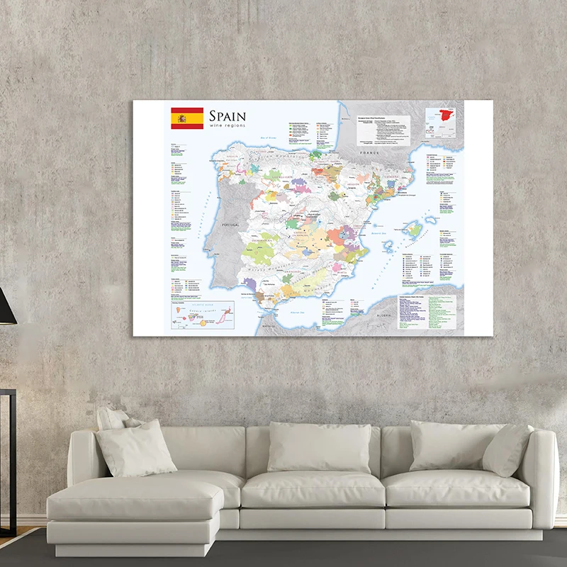 Hiszpania Mapa regionu winowego 150 * 100 cm w języku hiszpańskim Dekoracyjny wiszący obraz włóknina na płótnie Plakat ścienny Artykuły szkolne